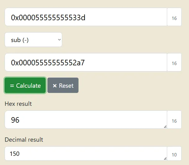 Hex calculator subtracting 0x00005555555552a7 from 0x000055555555533d, giving a hex result of 96 and a decimal result of 150