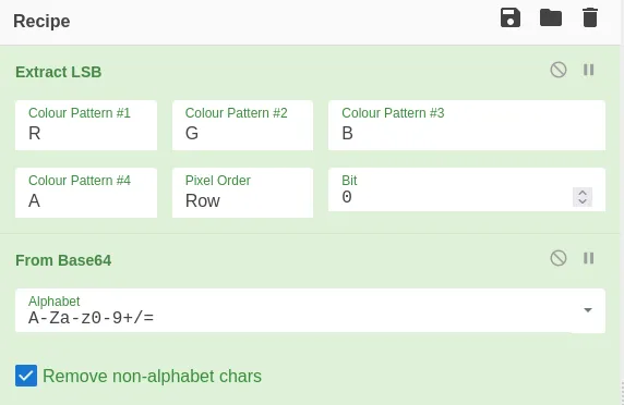 CyberChef recipe pane showing Extract LSB with colour pattern R, G, B and A, pixel order Row and bit 0, followed by From Base64 with the standard alphabet and Remove non-alphabet chars enabled