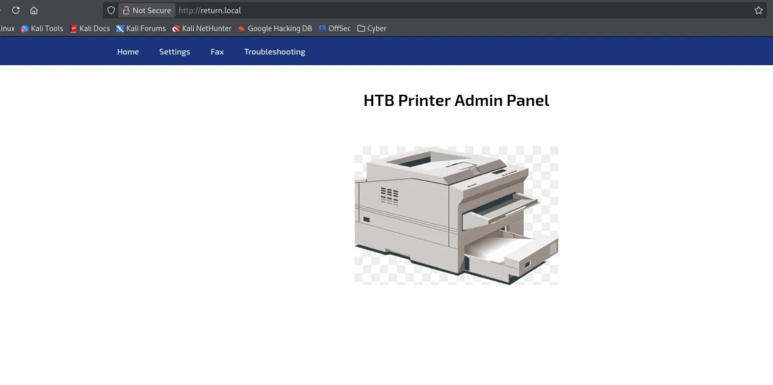 HTB Printer Admin Panel served over plain HTTP at return.local, showing Home, Settings, Fax, and Troubleshooting tabs with no login prompt