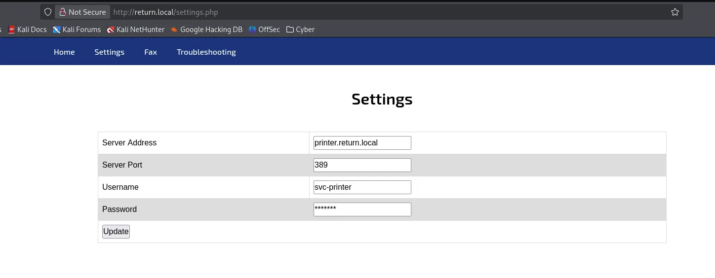 The panel's settings.php page: Server Address printer.return.local, Server Port 389, Username svc-printer, and a masked password field above an Update button