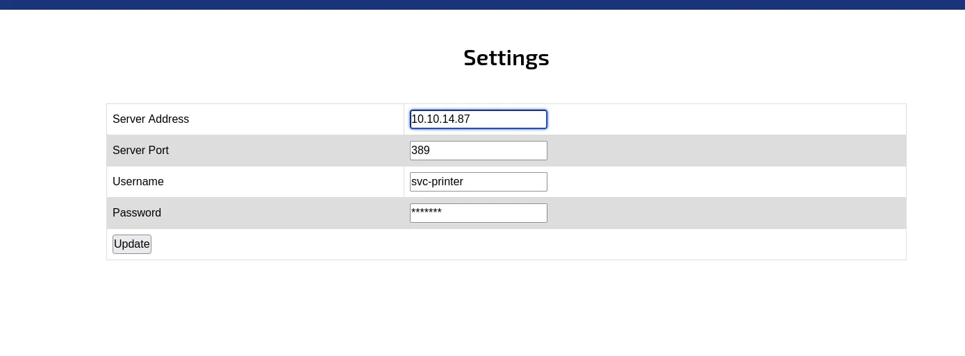 The same Settings form before saving, with Server Address changed to 10.10.14.87 and the port, username and password left as they were